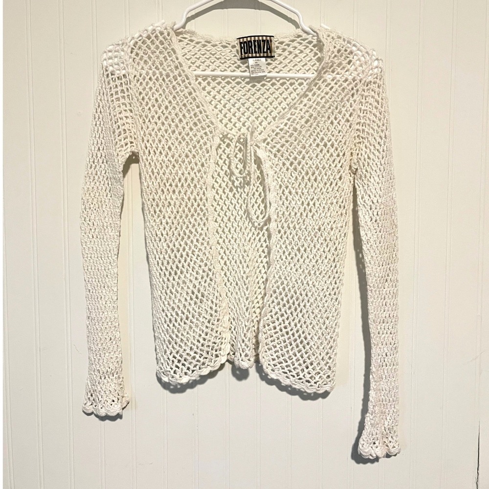 Forenza Cardigan Womens XS White Vintage Crochet Mesh Tie Front Top Y2k